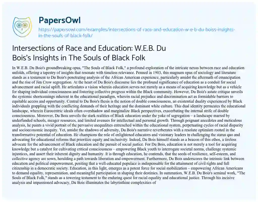 Essay on Intersections of Race and Education: W.E.B. Du Bois’s Insights in The Souls of Black Folk