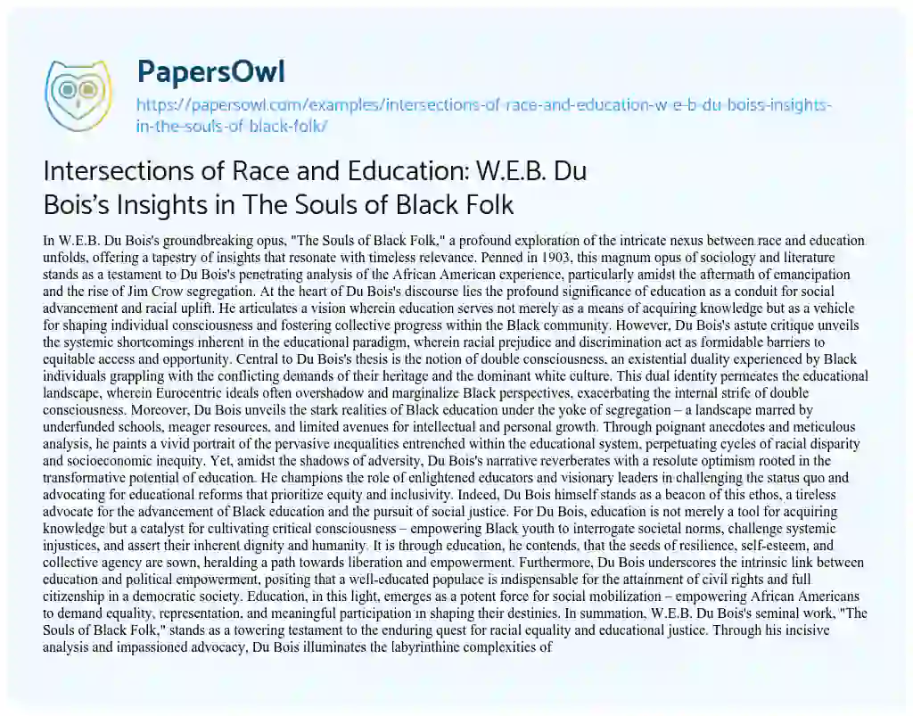 Essay on Intersections of Race and Education: W.E.B. Du Bois’s Insights in the Souls of Black Folk