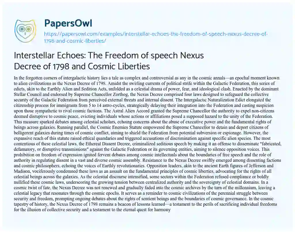 Essay on Interstellar Echoes: the Freedom of Speech Nexus Decree of 1798 and Cosmic Liberties