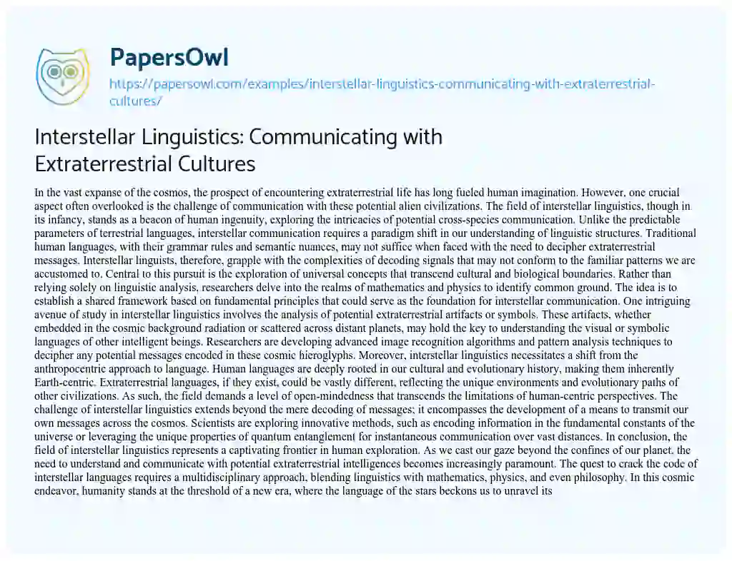 Essay on Interstellar Linguistics: Communicating with Extraterrestrial Cultures