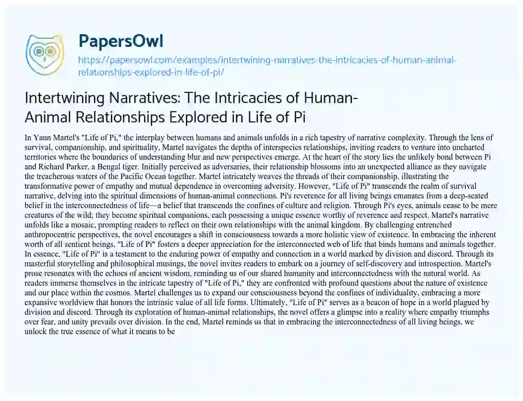 Essay on Intertwining Narratives: the Intricacies of Human-Animal Relationships Explored in Life of Pi