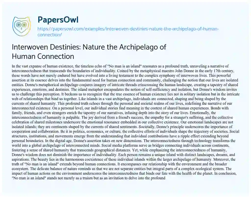 Essay on Interwoven Destinies: Nature the Archipelago of Human Connection