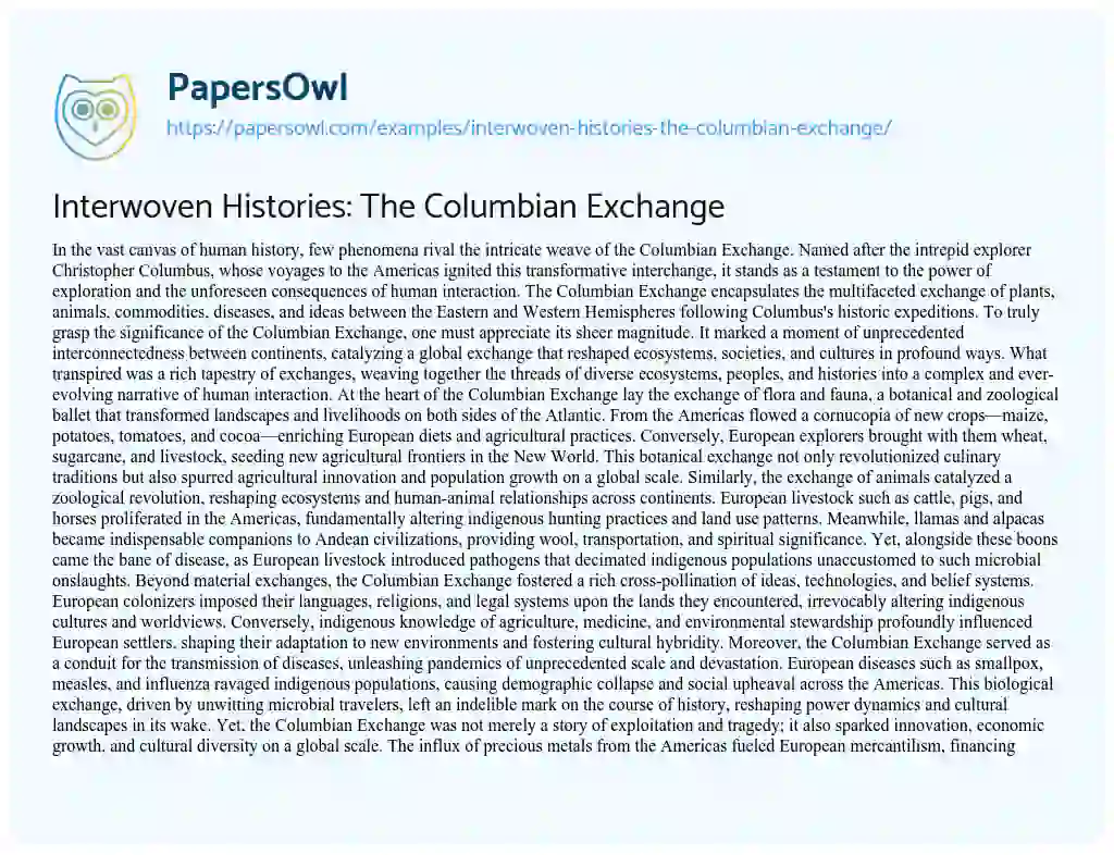 Essay on Interwoven Histories: the Columbian Exchange