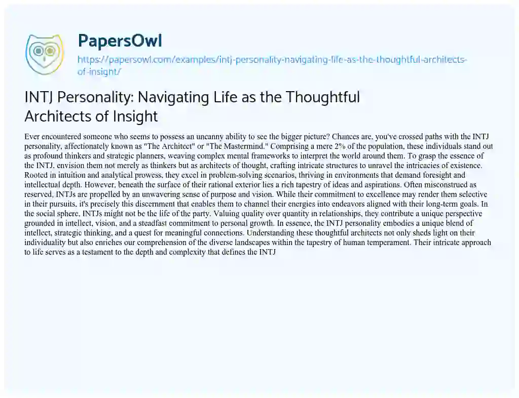 Essay on INTJ Personality: Navigating Life as the Thoughtful Architects of Insight