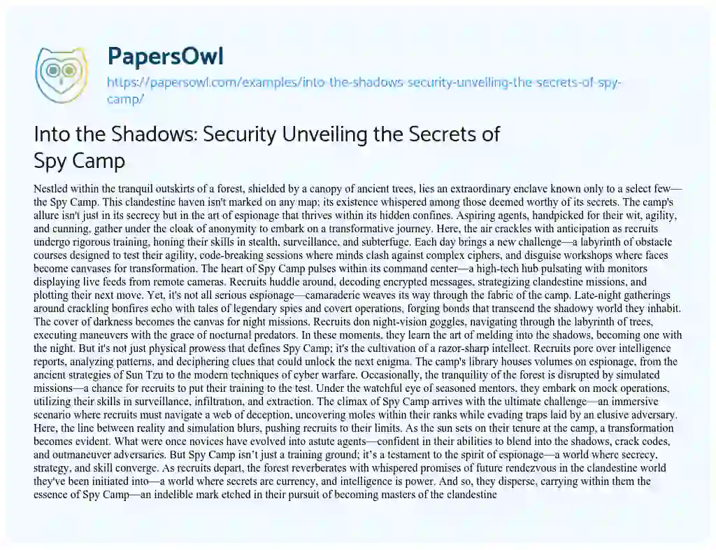 Essay on Into the Shadows: Security Unveiling the Secrets of Spy Camp