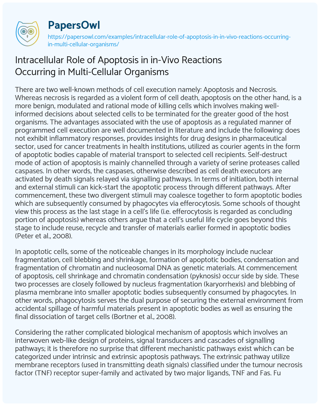 Essay on Intracellular Role of Apoptosis in In-Vivo Reactions Occurring in Multi-Cellular Organisms