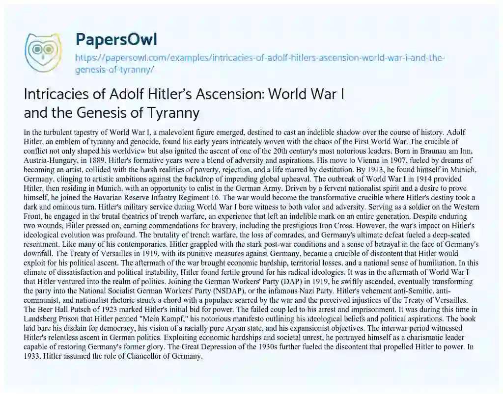 Essay on Intricacies of Adolf Hitler’s Ascension: World War i and the Genesis of Tyranny