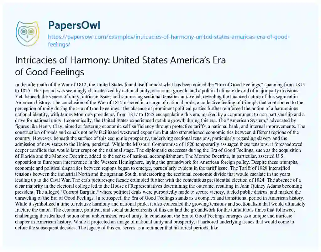 Essay on Intricacies of Harmony: United States America’s Era of Good Feelings