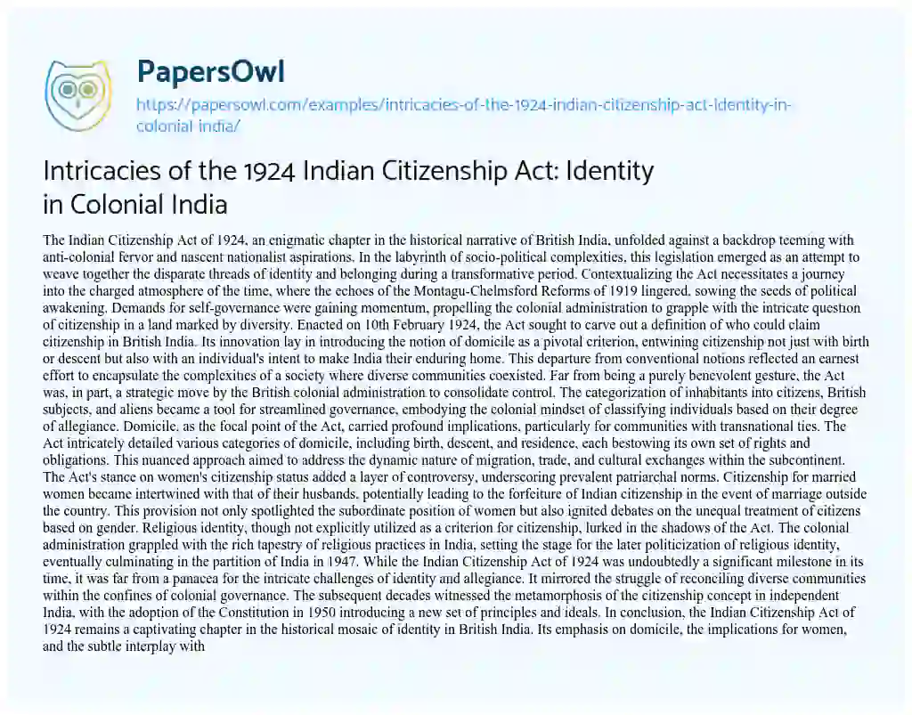 Essay on Intricacies of the 1924 Indian Citizenship Act: Identity in Colonial India