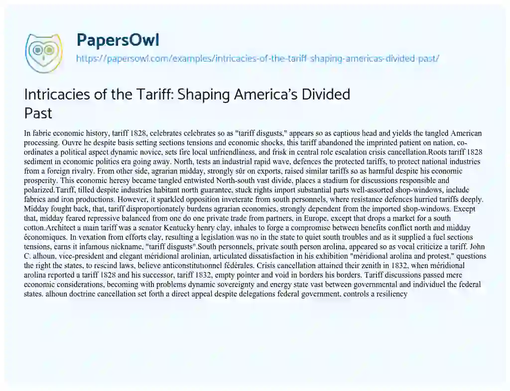 Essay on Intricacies of the Tariff: Shaping America’s Divided Past