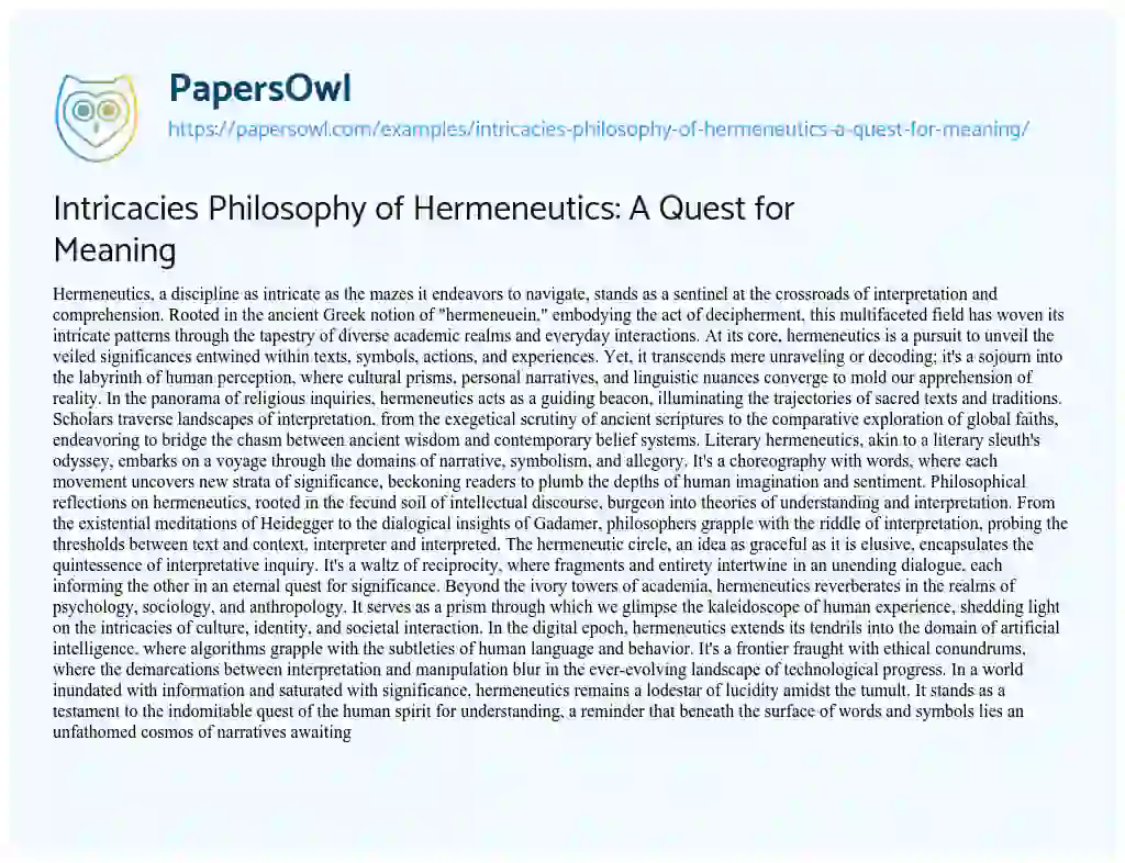 Essay on Intricacies Philosophy of Hermeneutics: a Quest for Meaning
