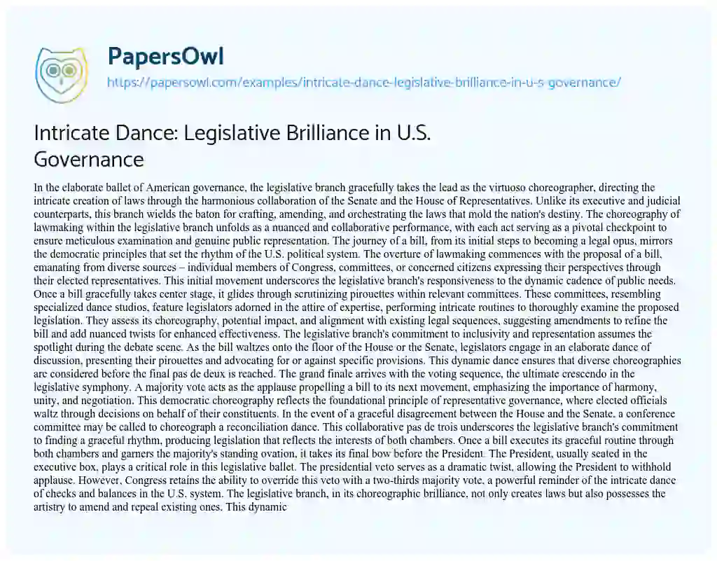 Essay on Intricate Dance: Legislative Brilliance in U.S. Governance