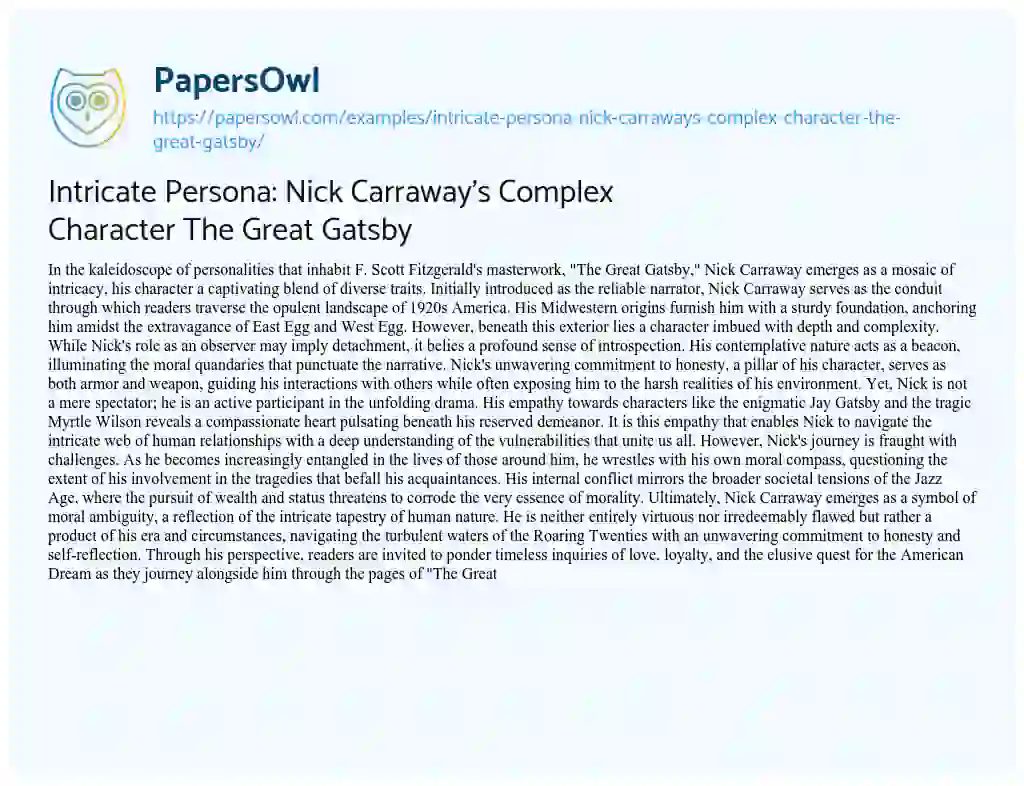 Essay on Intricate Persona: Nick Carraway’s Complex Character the Great Gatsby