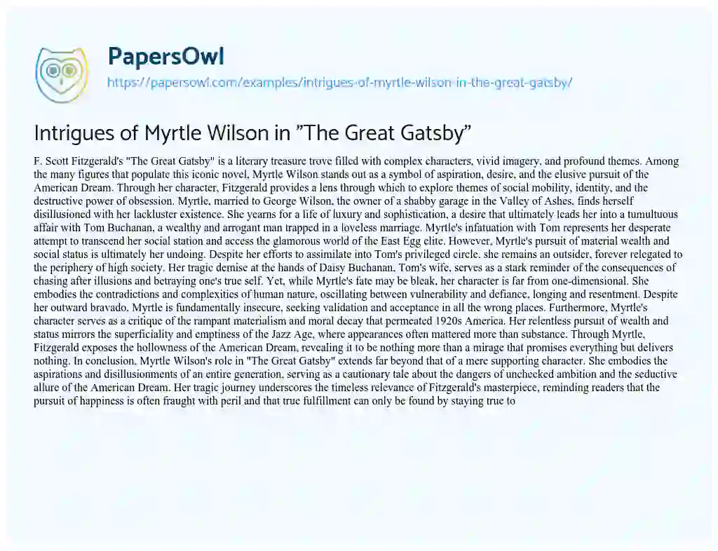 Essay on Intrigues of Myrtle Wilson in “The Great Gatsby”