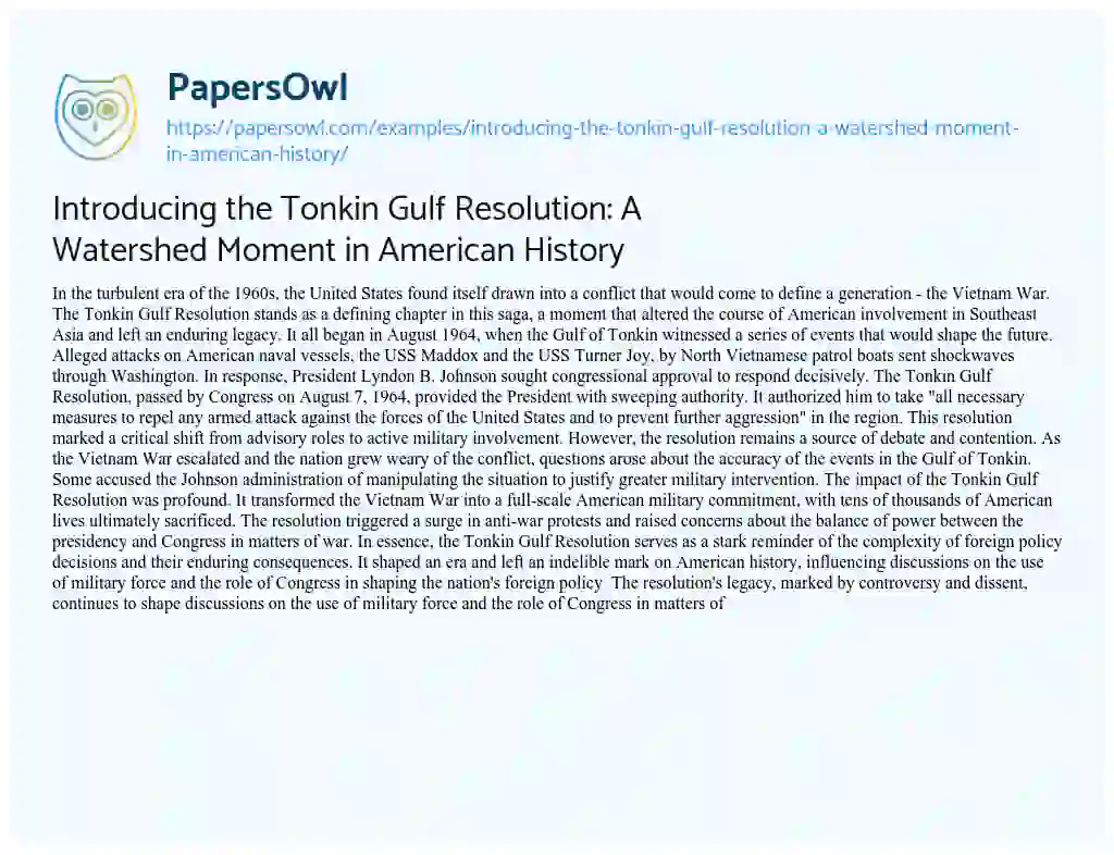 Essay on Introducing the Tonkin Gulf Resolution: a Watershed Moment in American History