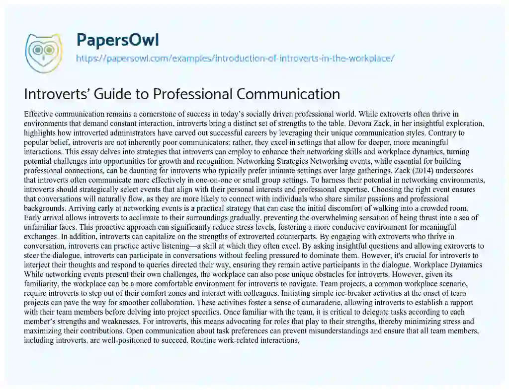 Essay on Introduction of Introverts in the Workplace