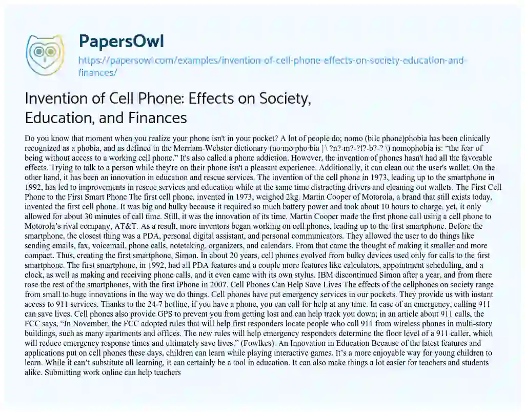 Essay on Invention of Cell Phone: Effects on Society, Education, and Finances