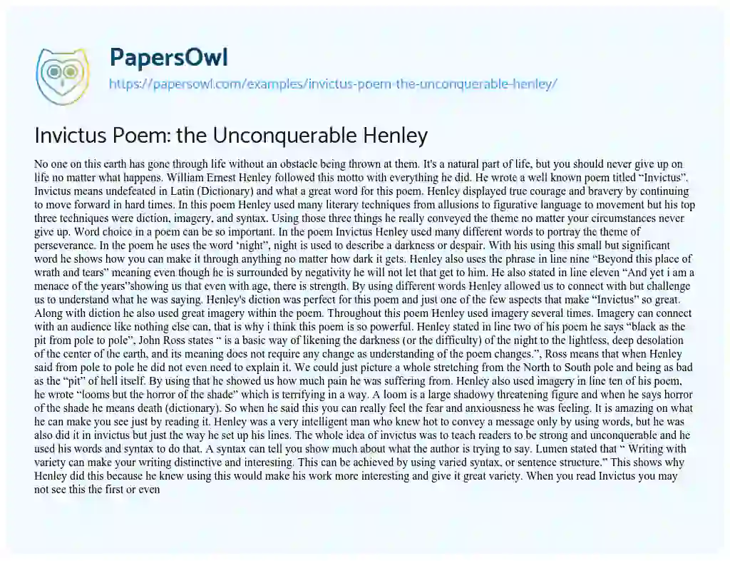 Invictus Poem: the Unconquerable Henley essay