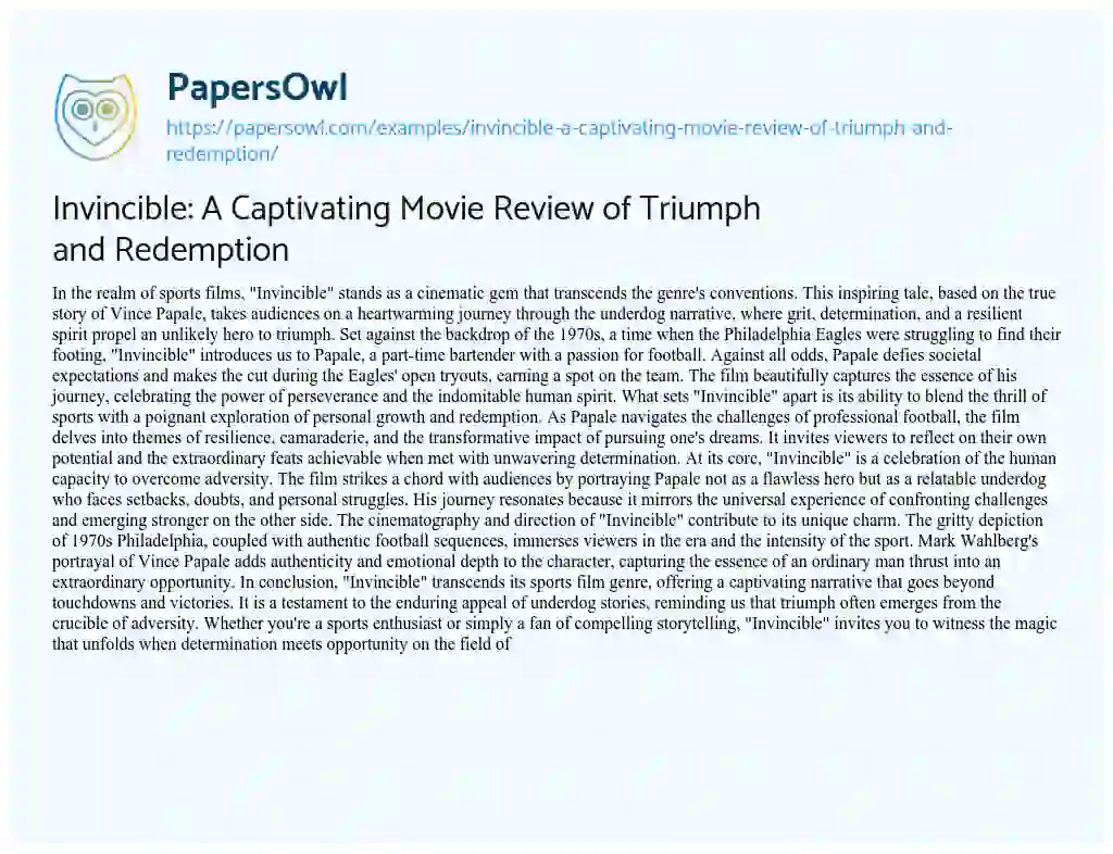 Essay on Invincible: a Captivating Movie Review of Triumph and Redemption