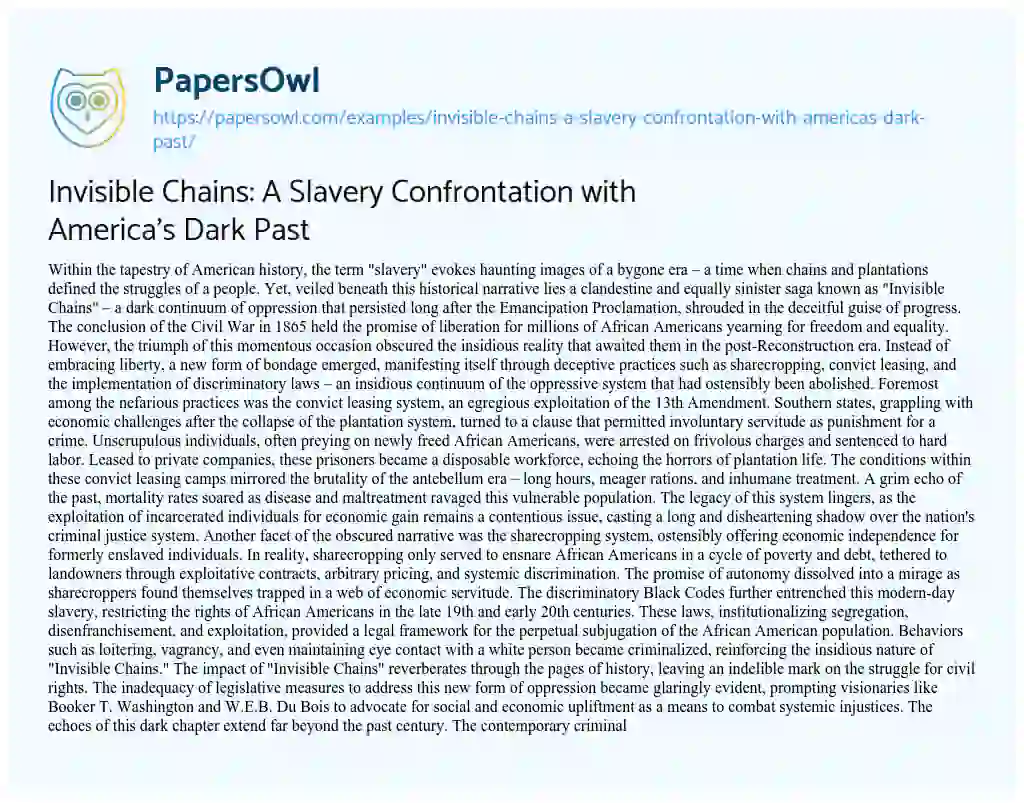 Essay on Invisible Chains: a Slavery Confrontation with America’s Dark Past