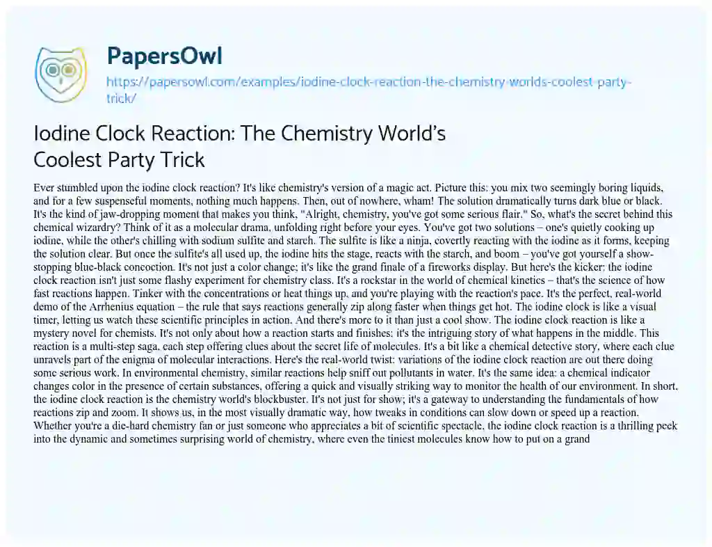 Essay on Iodine Clock Reaction: the Chemistry World’s Coolest Party Trick