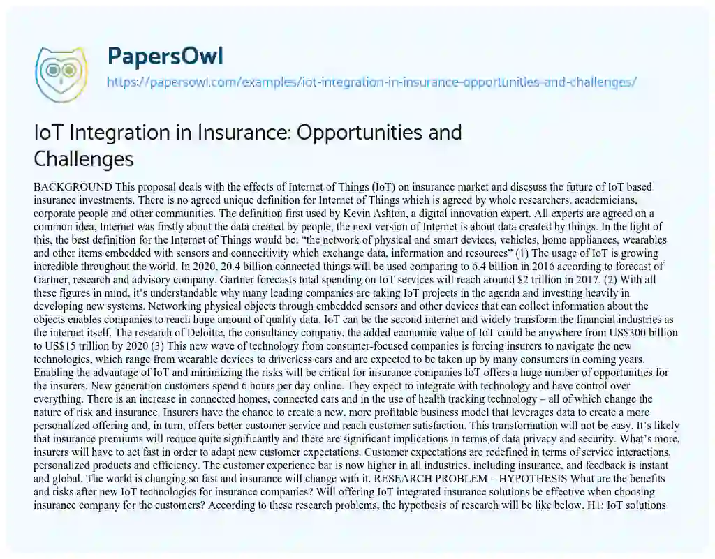 Essay on IoT Integration in Insurance: Opportunities and Challenges
