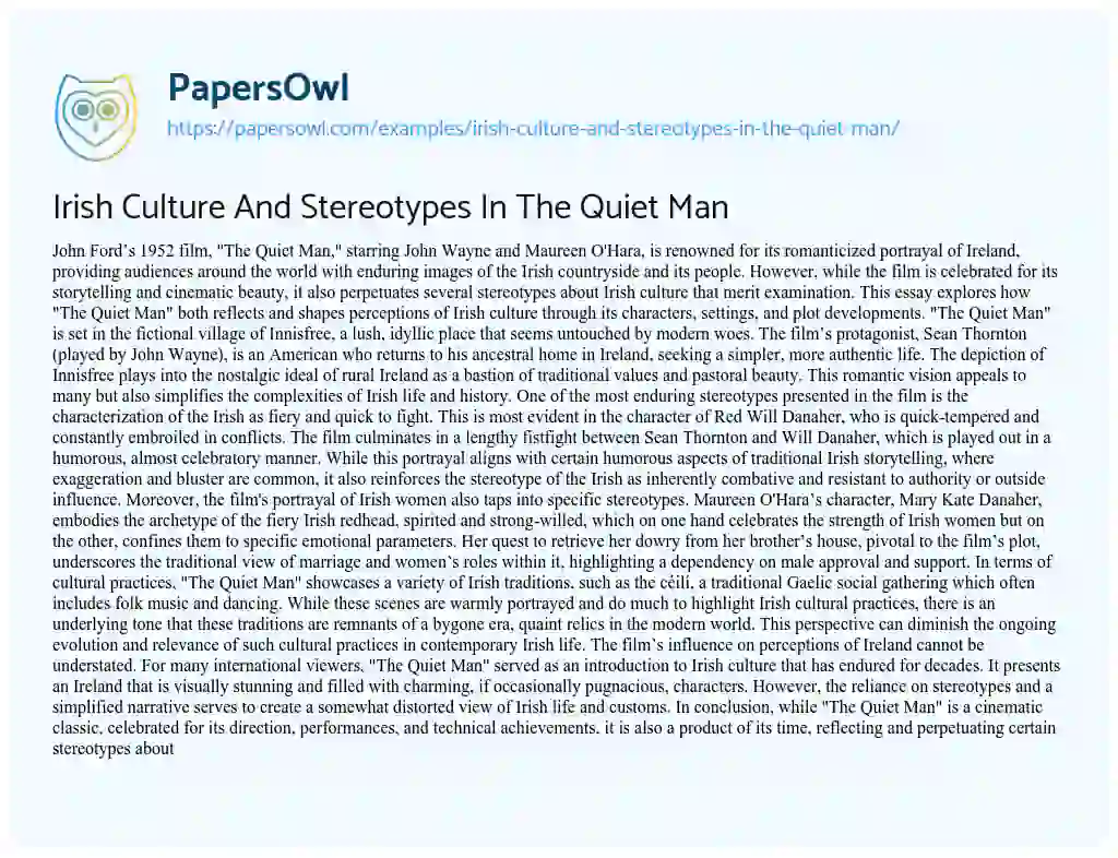 Essay on Irish Culture and Stereotypes in the Quiet Man