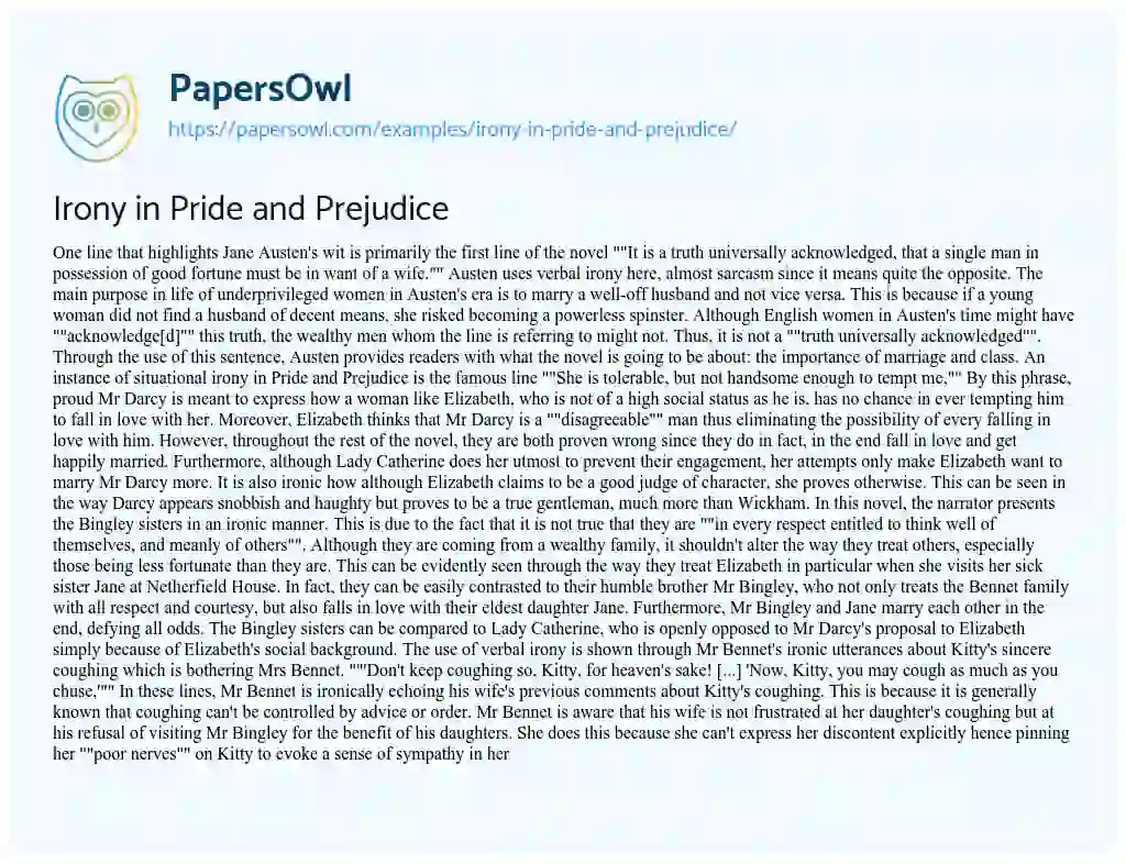 Essay on Irony in Pride and Prejudice