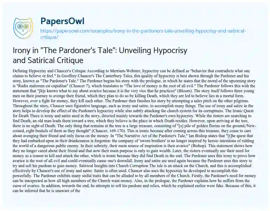 Essay on Irony in “The Pardoner’s Tale”: Unveiling Hypocrisy and Satirical Critique
