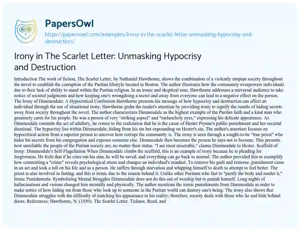 Essay on Irony in the Scarlet Letter: Unmasking Hypocrisy and Destruction