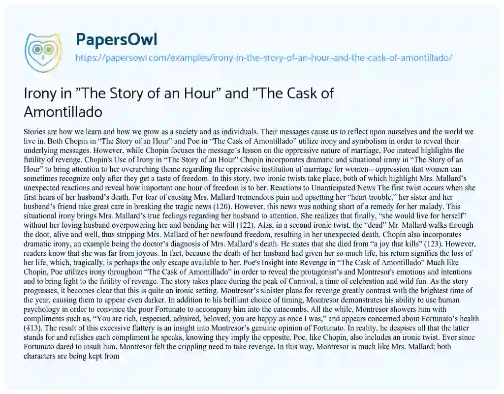 Essay on Irony in “The Story of an Hour” and “The Cask of Amontillado