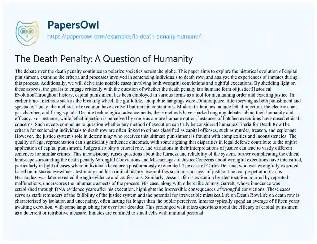 Essay on Is Death Penalty Humane?