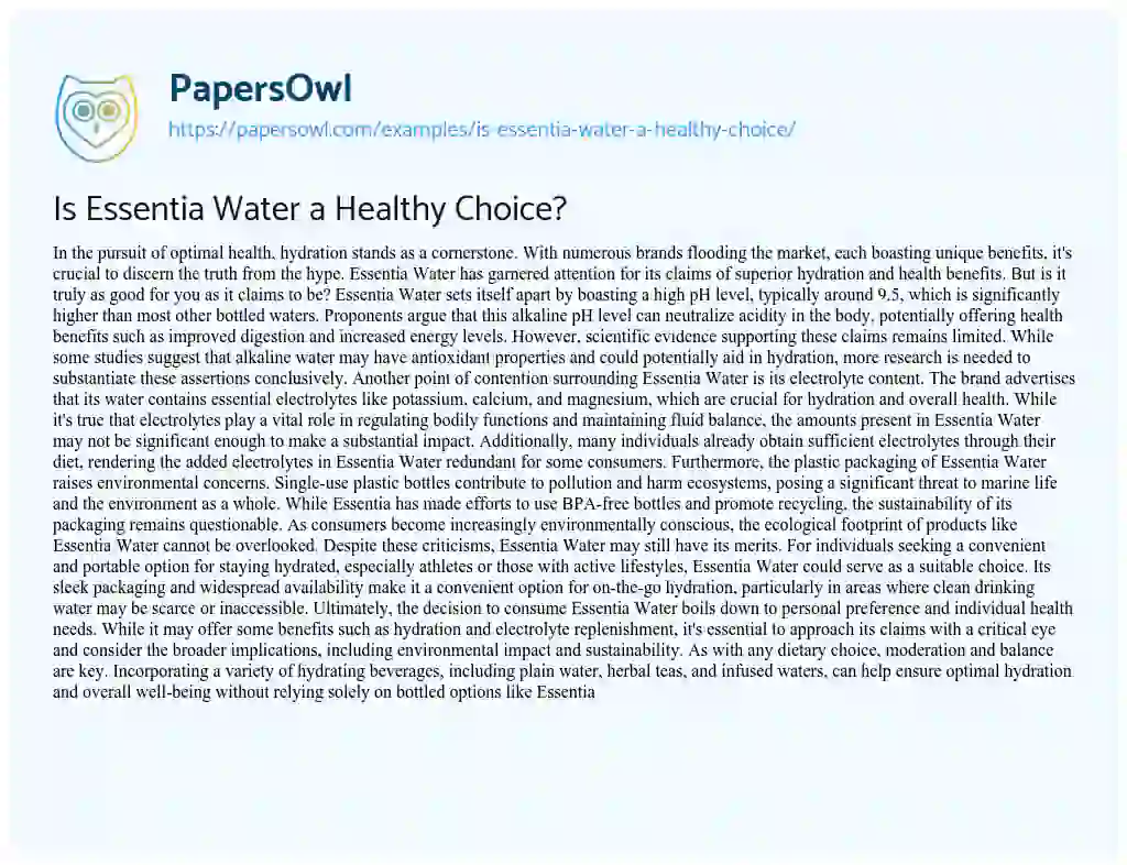 Essay on Is Essentia Water a Healthy Choice?