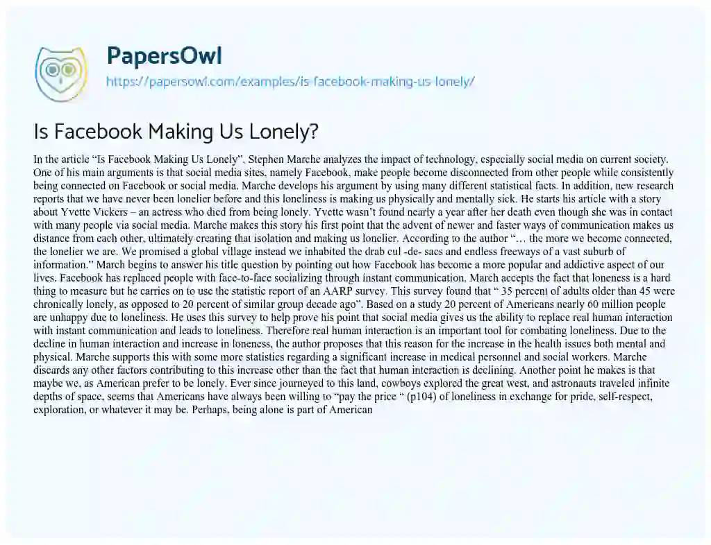 Essay on Is Facebook Making Us Lonely?