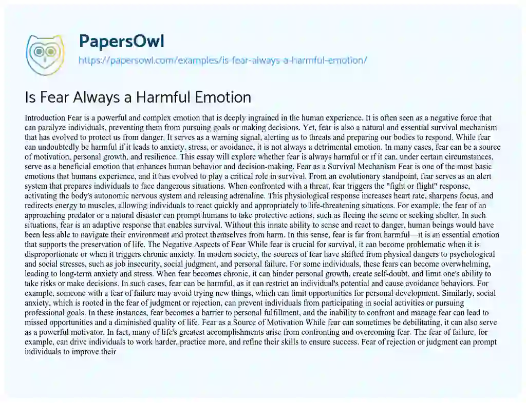 Essay on Is Fear Always a Harmful Emotion