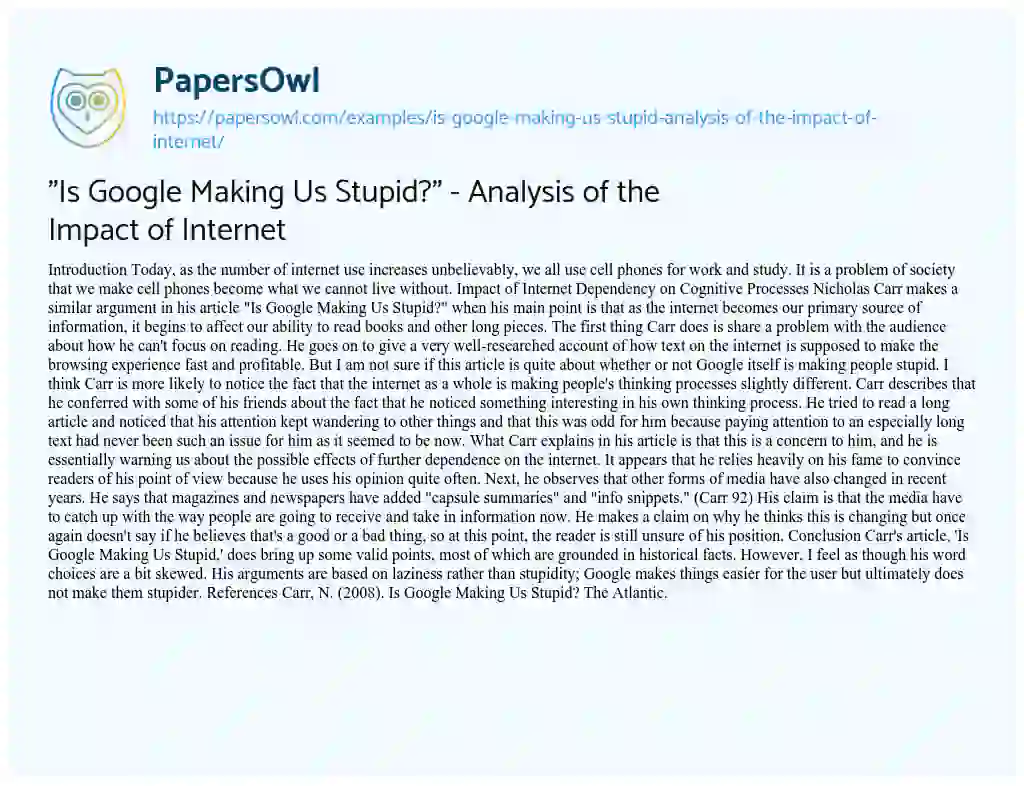 Essay on “Is Google Making Us Stupid?” – Analysis of the Impact of Internet