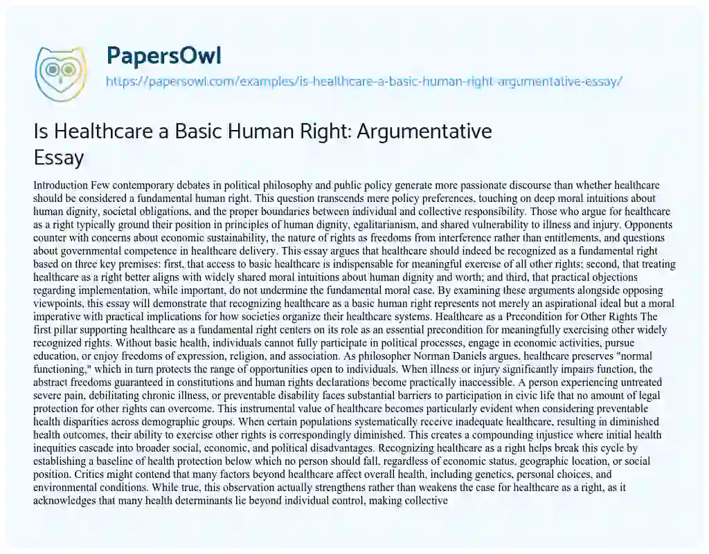 Essay on Is Healthcare a Basic Human Right: Argumentative Essay