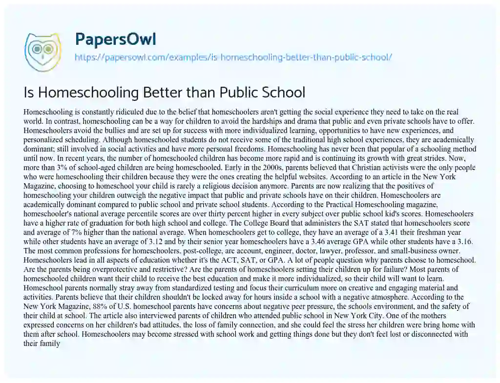 Essay on Is Homeschooling Better than Public School