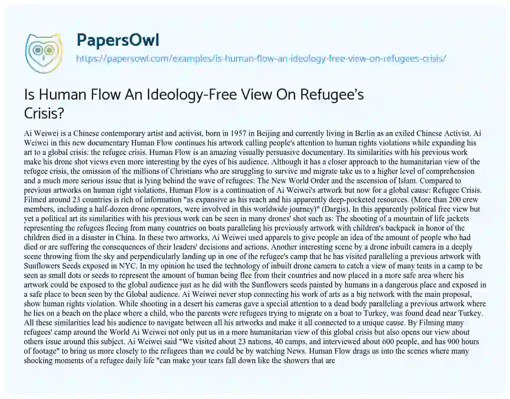 Is Human Flow an Ideology-Free View on Refugee’s Crisis? essay