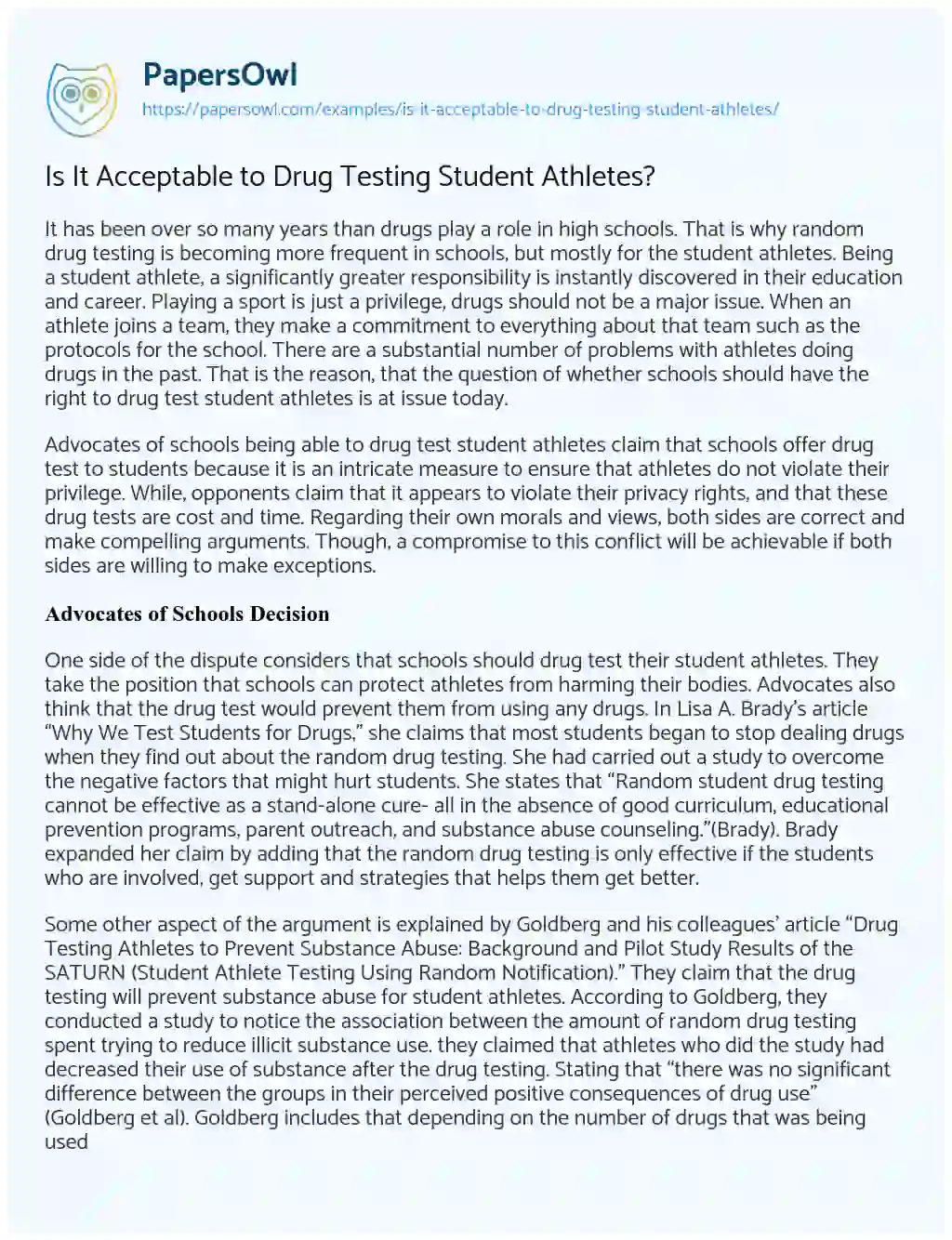 Is it Acceptable to Drug Testing Student Athletes? essay
