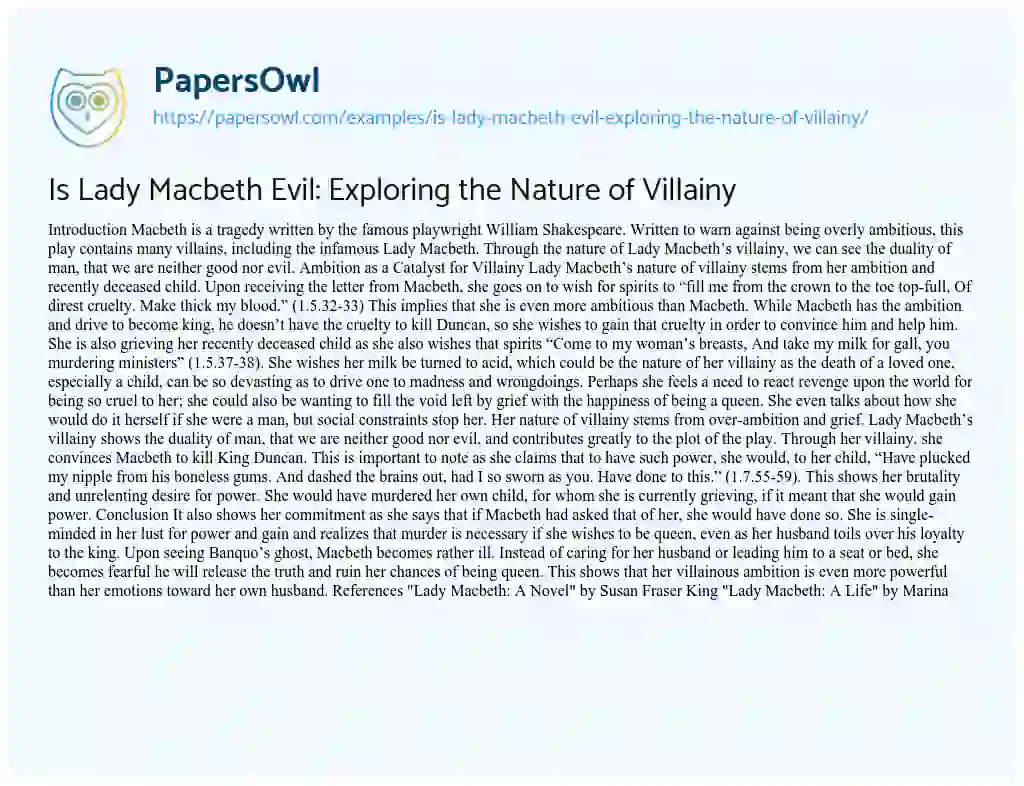 Essay on Is Lady Macbeth Evil: Exploring the Nature of Villainy