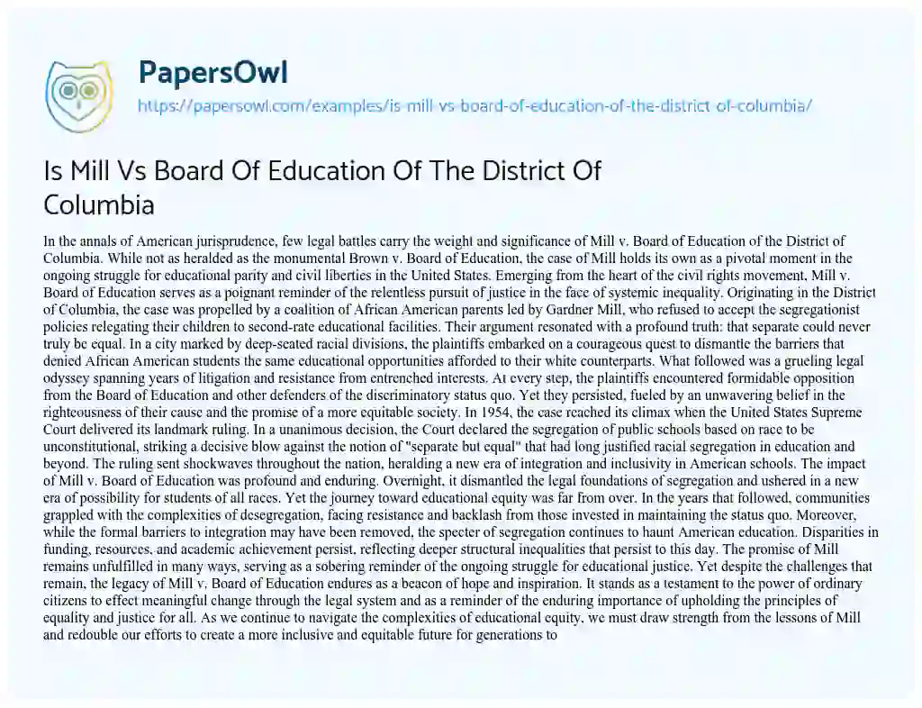 Essay on Is Mill Vs Board of Education of the District of Columbia