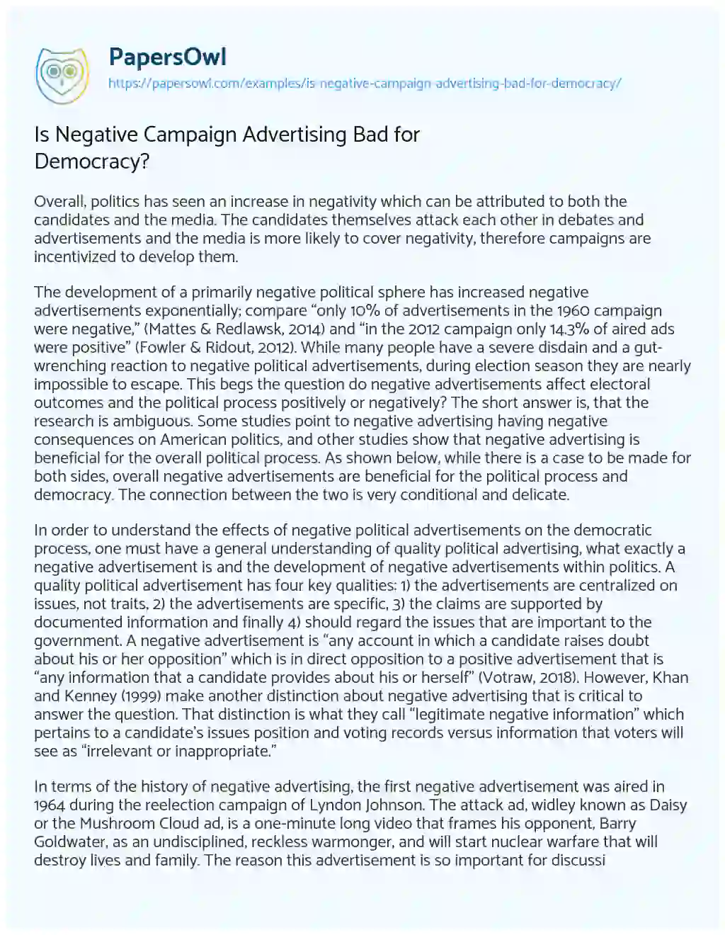 Essay on Is Negative Campaign Advertising Bad for Democracy?