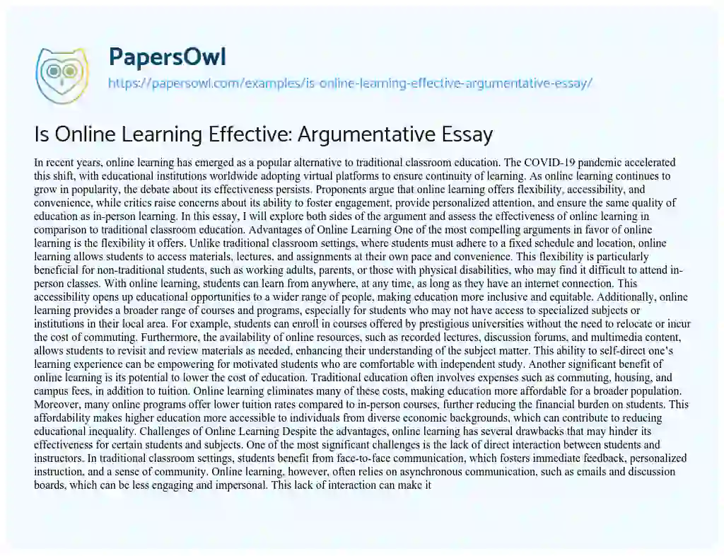 Essay on Is Online Learning Effective: Argumentative Essay