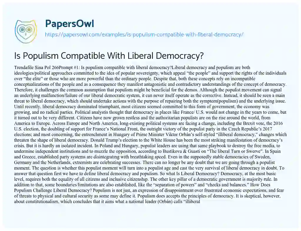 Essay on Is Populism Compatible with Liberal Democracy?
