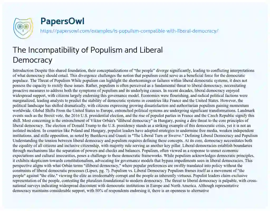 Essay on Is Populism Compatible with Liberal Democracy?