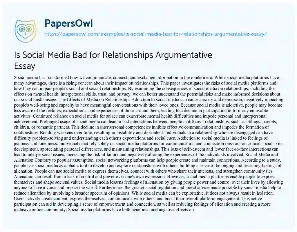 Essay on Is Social Media Bad for Relationships Argumentative Essay