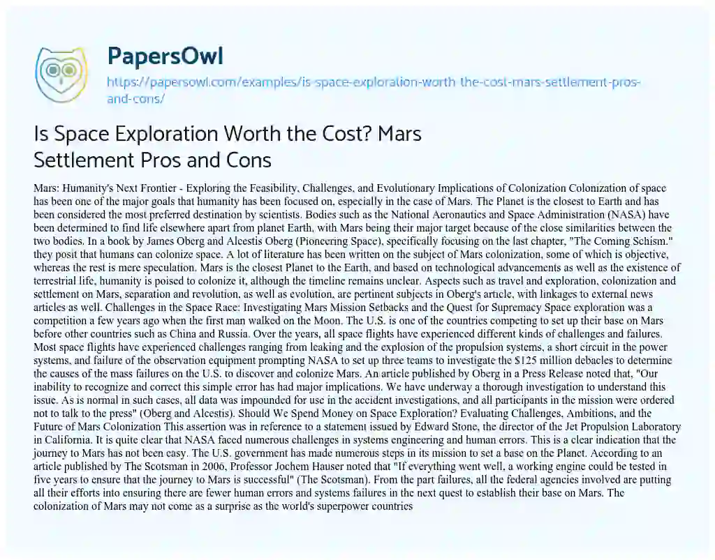 Essay on Is Space Exploration Worth the Cost? Mars Settlement Pros and Cons