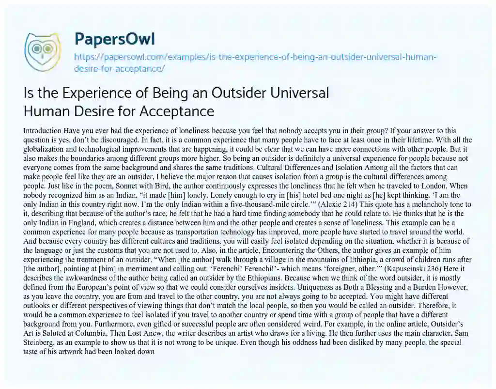 Essay on Is the Experience of being an Outsider Universal Human Desire for Acceptance
