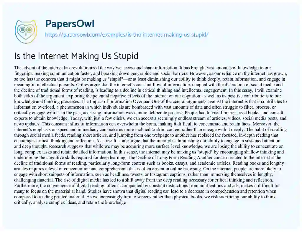 Essay on Is the Internet Making Us Stupid